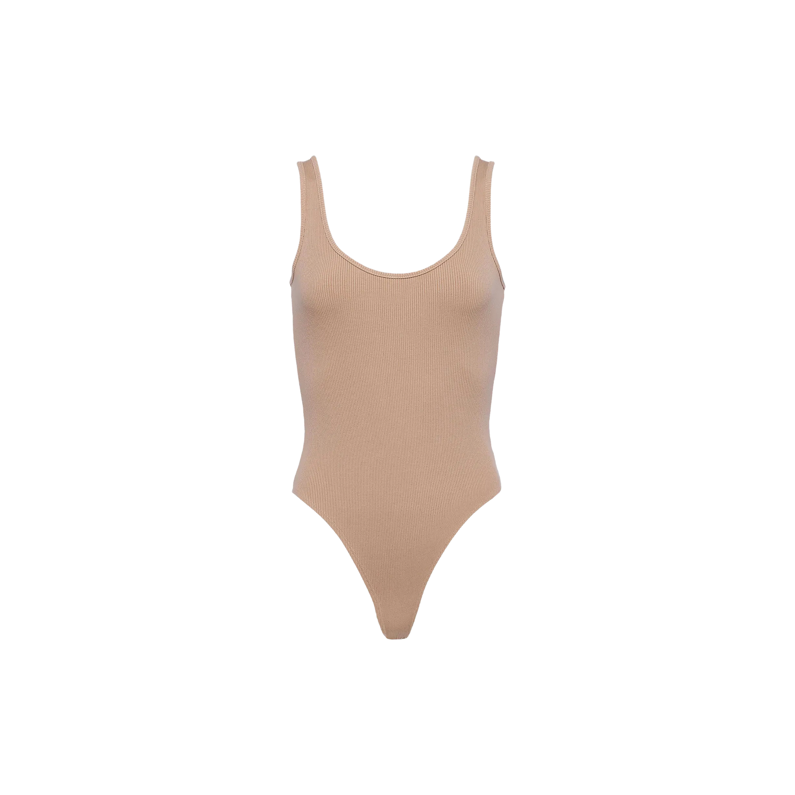 The Nica Scoopneck Bodysuit is a beige, sleeveless bodysuit featuring a scoop neckline and high-cut legs. Displayed on a plain white background, it’s perfect as a versatile base layer.