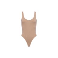 The Nica Scoopneck Bodysuit is a beige, sleeveless bodysuit featuring a scoop neckline and high-cut legs. Displayed on a plain white background, it’s perfect as a versatile base layer.