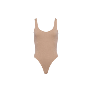 The Nica Scoopneck Bodysuit is a beige, sleeveless bodysuit featuring a scoop neckline and high-cut legs. Displayed on a plain white background, it’s perfect as a versatile base layer.