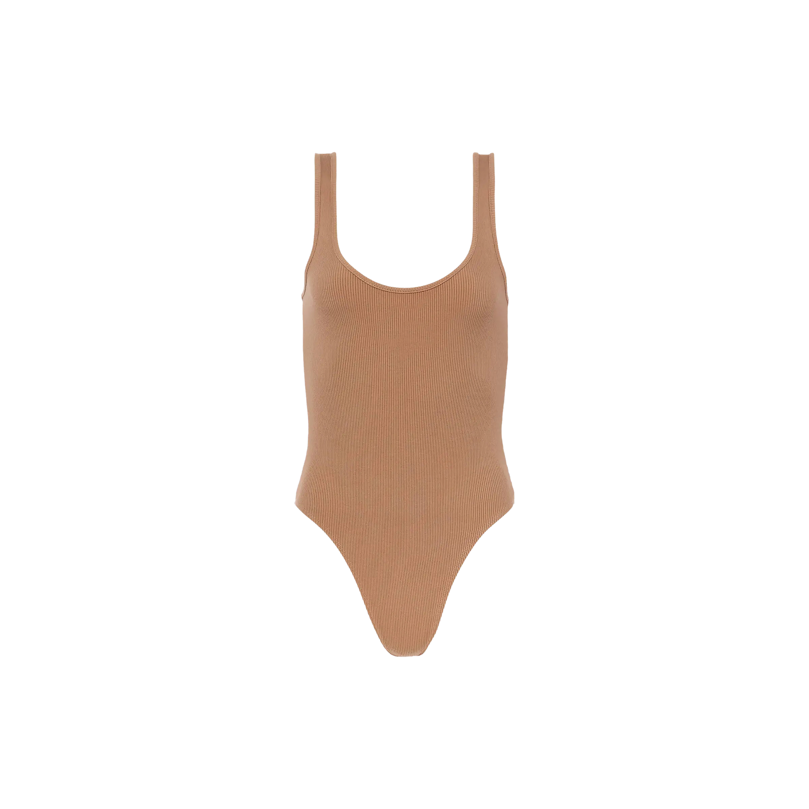 The Nica Scoopneck Bodysuit, shown in tan on a plain white background, features a sleeveless design crafted from stretch rib fabric with a scoop neckline and high-cut legs—making it an ideal and versatile base layer.