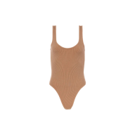 The Nica Scoopneck Bodysuit features a tan stretch rib fabric, sleeveless design, scoop neckline, and high-cut legs. Shown against a plain white background, it’s perfect as a versatile base layer.