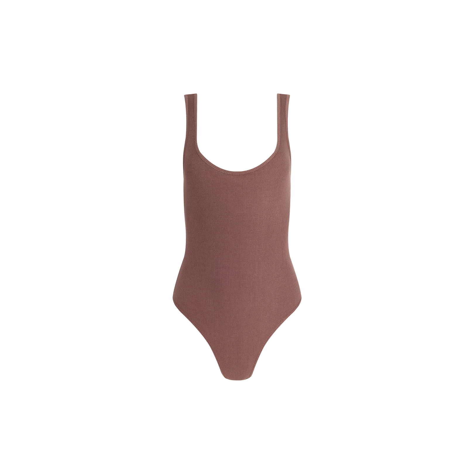 A brown Nica Scoopneck Bodysuit featuring a sleeveless, scoop-neck design in stretch rib fabric, shown on a white background.