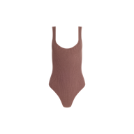 The Nica Scoopneck Bodysuit, in brown, is sleeveless with a scoop neckline and crafted from stretch rib fabric for a sculpted fit. It is showcased against a plain white background.