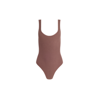 A brown Nica Scoopneck Bodysuit featuring a sleeveless, scoop-neck design in stretch rib fabric, shown on a white background.