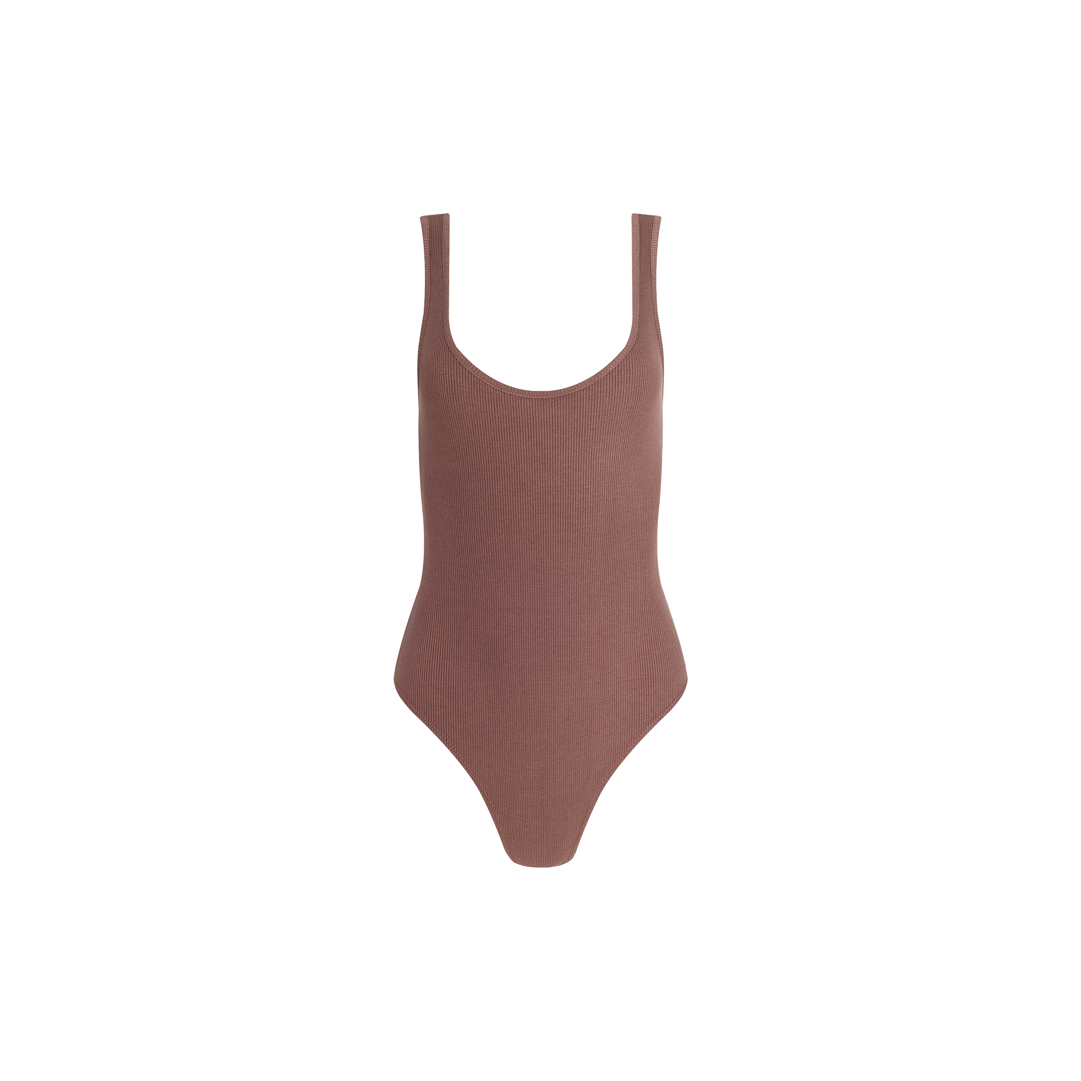 The Nica Scoopneck Bodysuit, in brown, is sleeveless with a scoop neckline and crafted from stretch rib fabric for a sculpted fit. It is showcased against a plain white background.