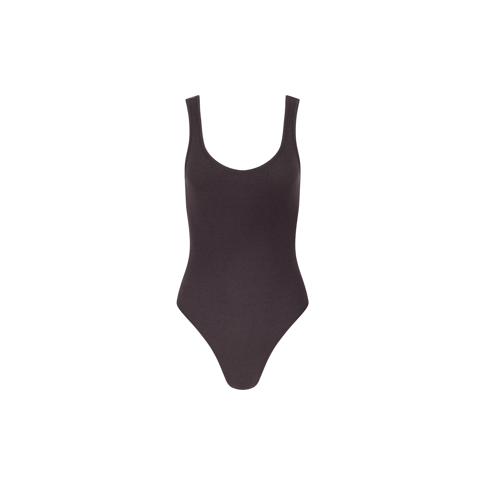 The Nica Scoopneck Bodysuit is a sleeveless, dark gray bodysuit featuring a scoop neckline and high-cut leg, crafted from soft stretch rib fabric and showcased against a plain white background.