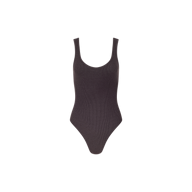 The Nica Scoopneck Bodysuit is a sleeveless, dark-toned piece featuring a scoop neckline and high-cut legs, made from stretch rib fabric and shown against a plain white background.