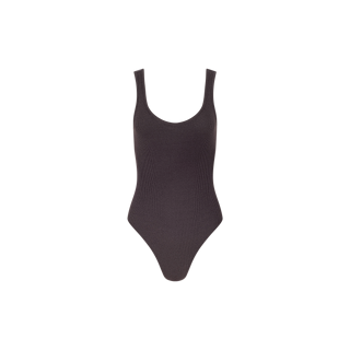 The Nica Scoopneck Bodysuit is a sleeveless, dark gray bodysuit featuring a scoop neckline and high-cut leg, crafted from soft stretch rib fabric and showcased against a plain white background.