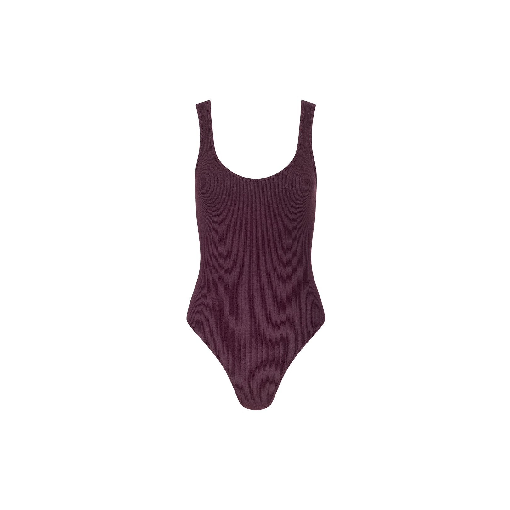 A sleeveless Nica Scoopneck Bodysuit in dark purple, featuring a scoop neckline and high recovery stretch, is displayed on a plain white background.