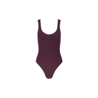 A sleeveless Nica Scoopneck Bodysuit in dark purple, featuring a scoop neckline and high recovery stretch, is displayed on a plain white background.