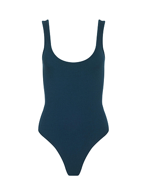 The Nica Scoopneck Bodysuit by L'AGENCE features a sleeveless, dark teal stretch rib design with a scoop neckline and high-cut leg openings, shown against a white background.
