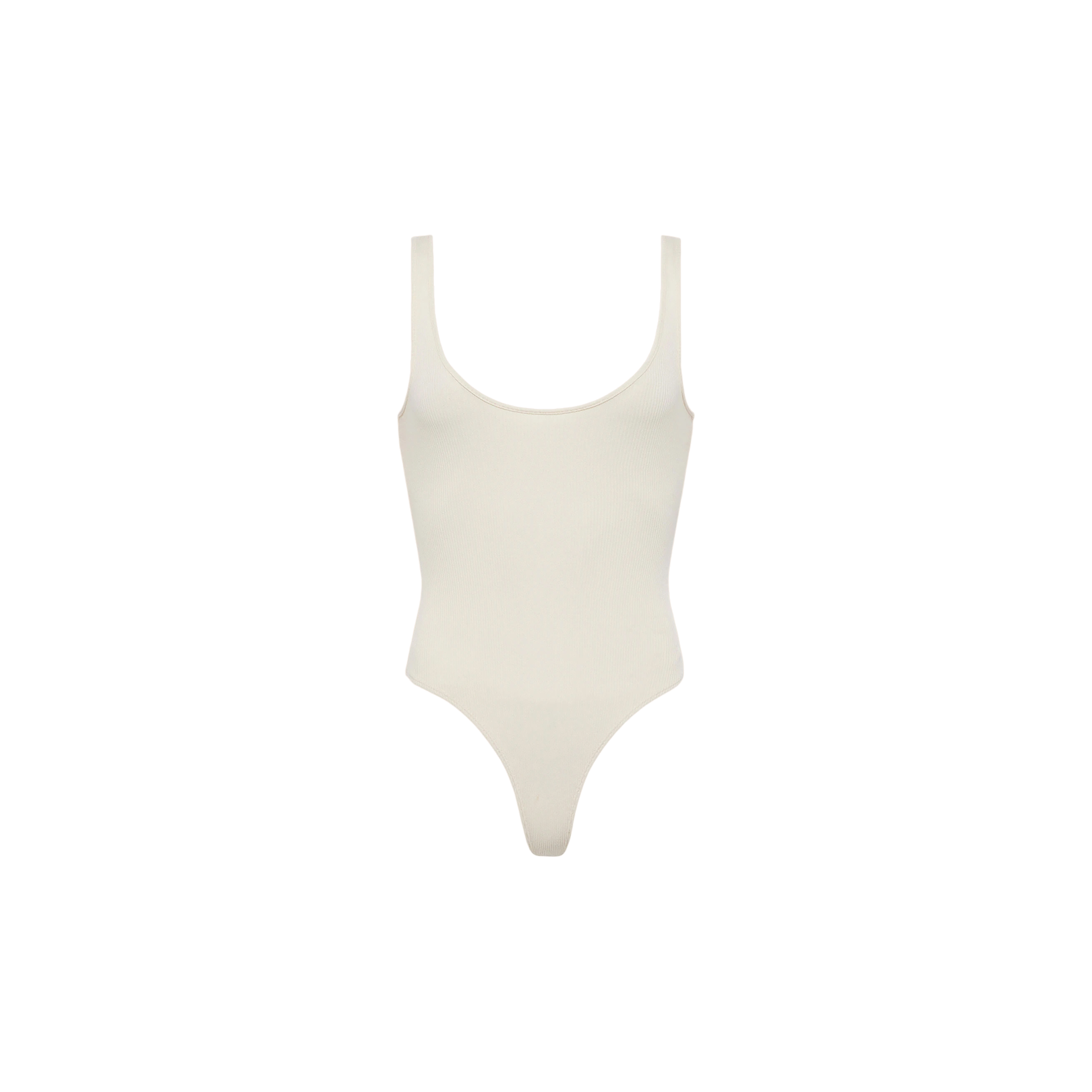 The Nica Scoopneck Bodysuit is a sleeveless, off-white piece made from soft stretch-cotton, featuring a scoop neckline and high-cut legs. Shown against a white background, it’s perfect as a versatile layering essential.