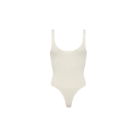 The Nica Scoopneck Bodysuit is an ivory, sleeveless piece made from stretch cotton, featuring a flattering scoop neckline and high-cut leg openings—ideal for versatile layering. Shown against a plain white background.
