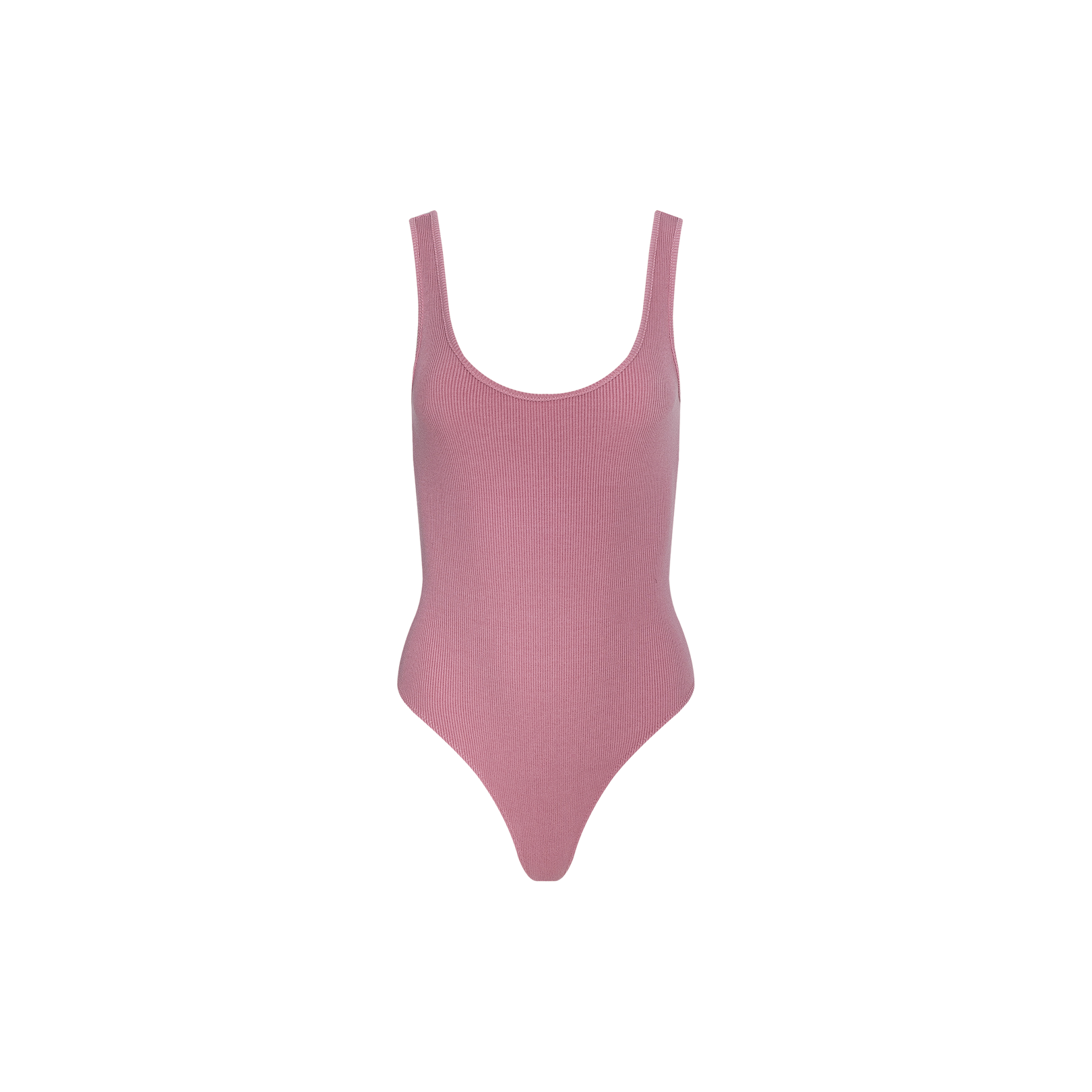 The Nica Scoopneck Bodysuit, shown here in sleeveless pink ribbed fabric with a sculpted fit and scoop neckline, is displayed on a white background—making it an ideal base layer for any outfit.