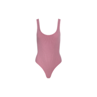 The Nica Scoopneck Bodysuit is a sleeveless, light pink one-piece crafted from stretch rib fabric, shown against a plain white background.