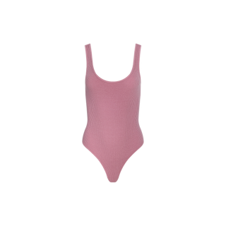 The Nica Scoopneck Bodysuit, shown here in sleeveless pink ribbed fabric with a sculpted fit and scoop neckline, is displayed on a white background—making it an ideal base layer for any outfit.