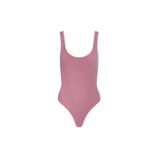 The Nica Scoopneck Bodysuit is a sleeveless, scoop-neck pink ribbed style featuring high-cut leg openings and a sculpted fit. Shown against a plain white background, it makes an ideal, flattering base layer.