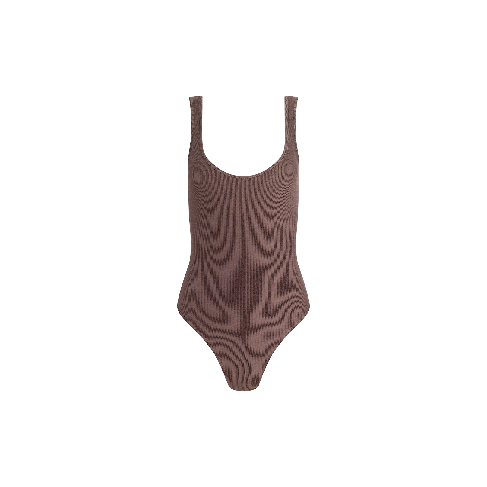 The Nica Scoopneck Bodysuit is a sleeveless design in brown, crafted from high stretch rib fabric for a sculpted fit, and is showcased against a white background.