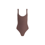 The Nica Scoopneck Bodysuit is a sleeveless design in brown, crafted from high stretch rib fabric for a sculpted fit, and is showcased against a white background.