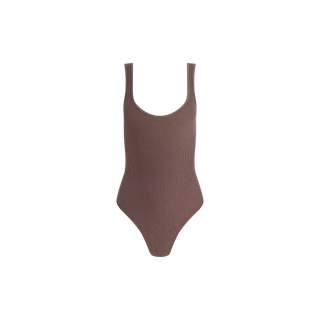 The Nica Scoopneck Bodysuit is a sleeveless design in brown, crafted from high stretch rib fabric for a sculpted fit, and is showcased against a white background.