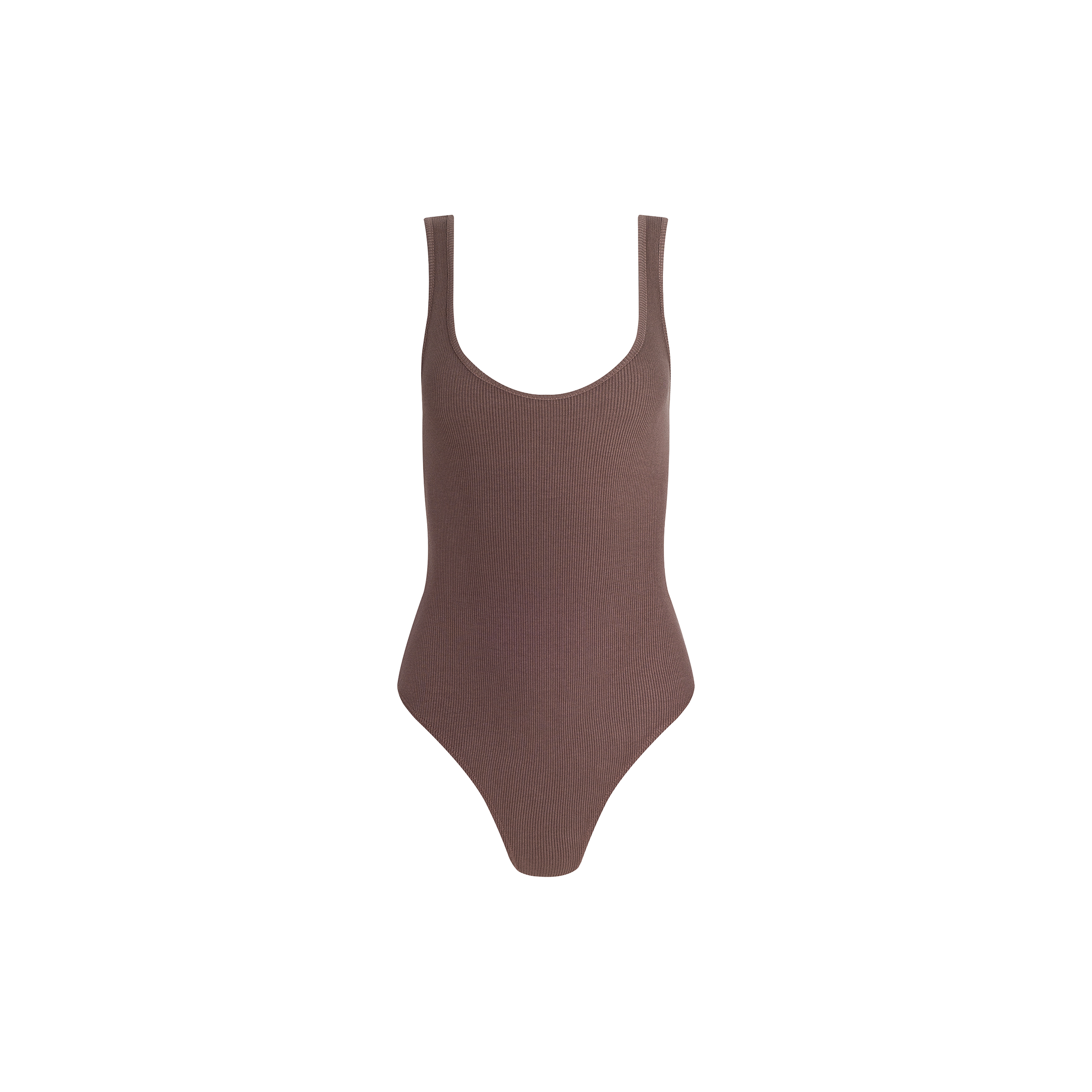The Nica Scoopneck Bodysuit is a sleeveless design in brown, crafted from high stretch rib fabric for a sculpted fit, and is showcased against a white background.