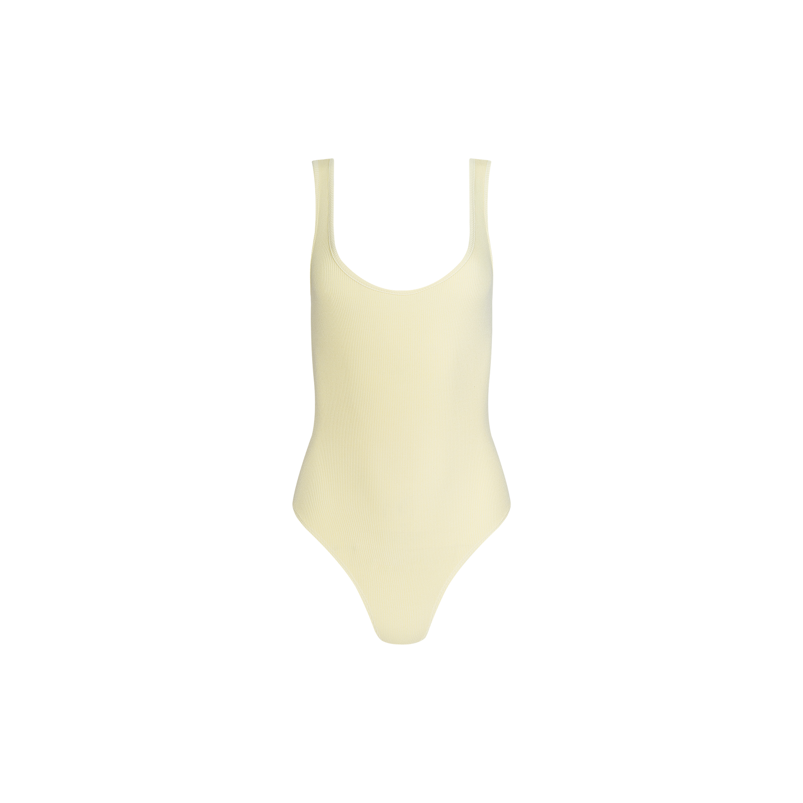 A sleeveless Nica Scoopneck Bodysuit in pale yellow, featuring a sculpted fit and scoop neckline, displayed against a plain white background.