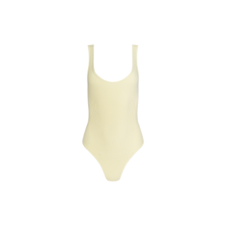 A sleeveless Nica Scoopneck Bodysuit in pale yellow, featuring a sculpted fit and scoop neckline, displayed against a plain white background.