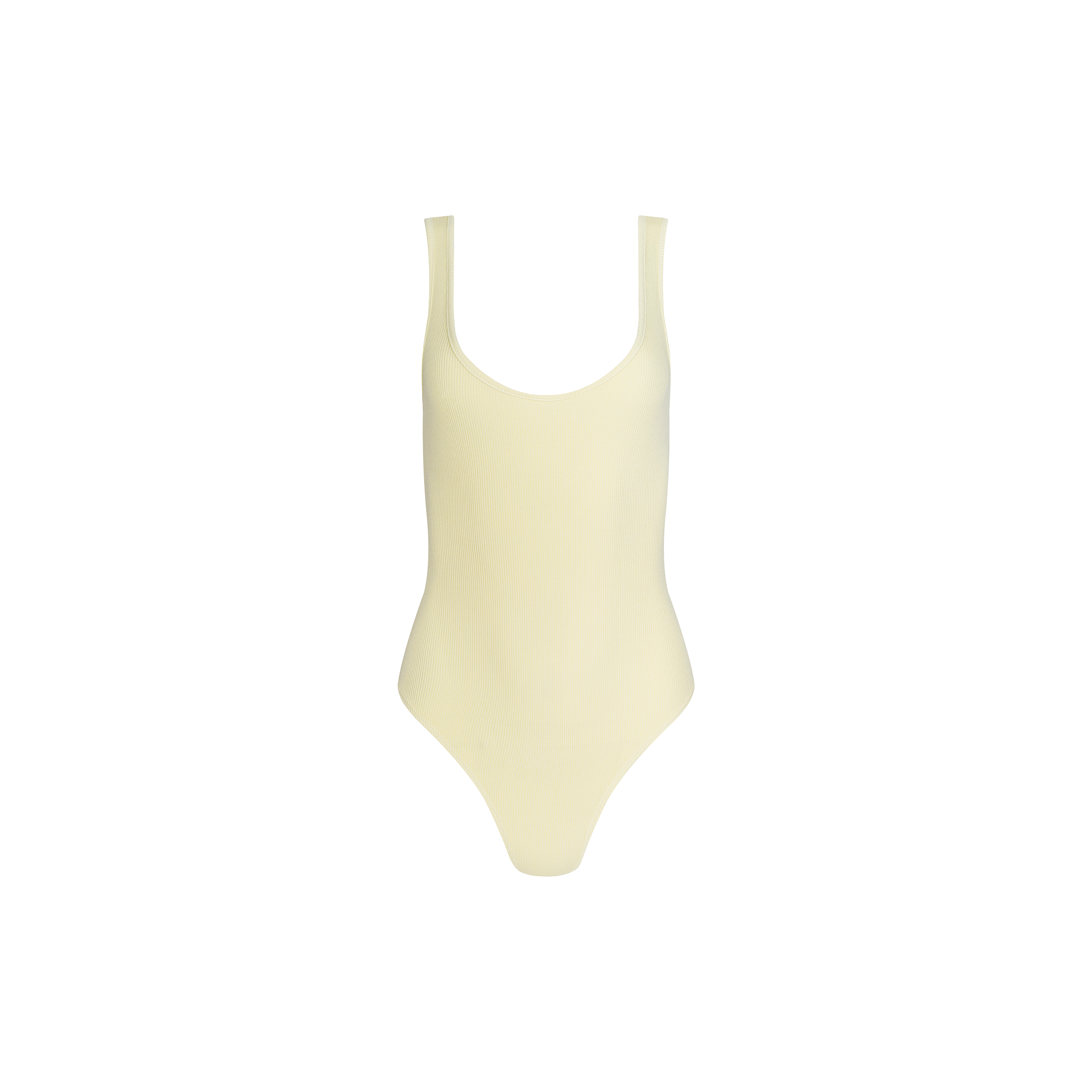 A sleeveless Nica Scoopneck Bodysuit in pale yellow, featuring a sculpted fit and scoop neckline, displayed against a plain white background.