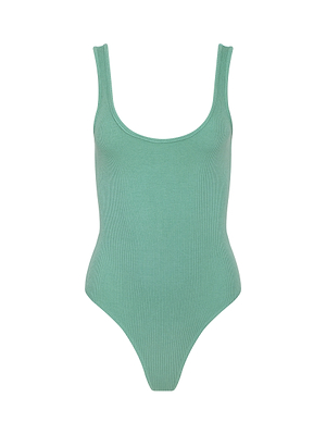 The Nica Scoopneck Bodysuit is a sleeveless, ribbed mint green piece with high-cut leg openings, ideal as a stylish base layer. Shown against a plain white background.