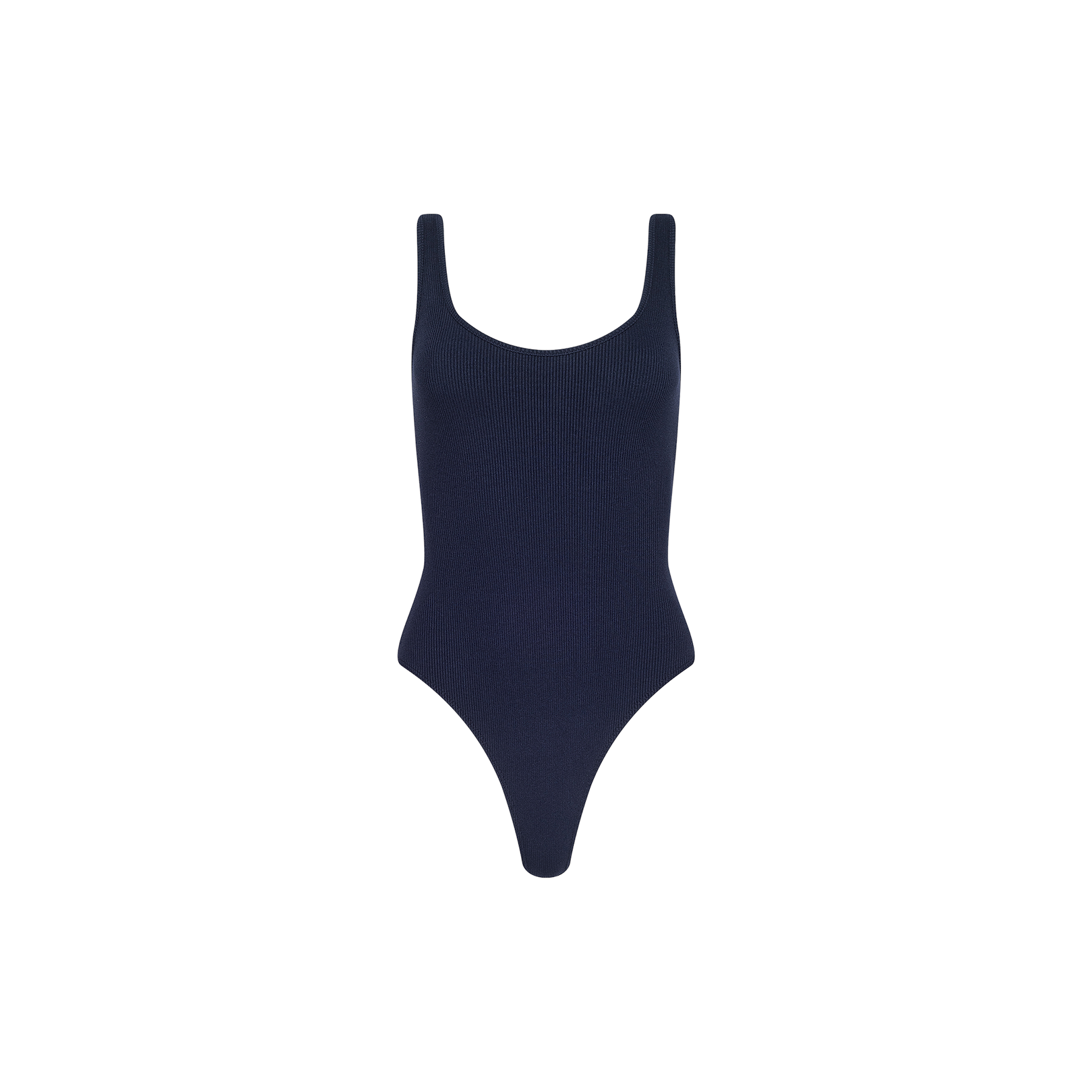 The Nica Scoopneck Bodysuit is a sleeveless, navy blue ribbed bodysuit with a scoop neckline and high-cut legs, offering a sculpted fit and shown against a plain white background.