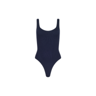 The Nica Scoopneck Bodysuit is a sleeveless, navy blue ribbed piece with a sculpted fit, featuring a scoop neckline and high-cut legs, shown against a plain white background.