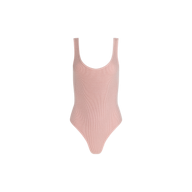 The Nica Scoopneck Bodysuit in light pink features a sleeveless, scoopneck design and is crafted from ribbed fabric for a sculpted fit, shown against a plain white background.