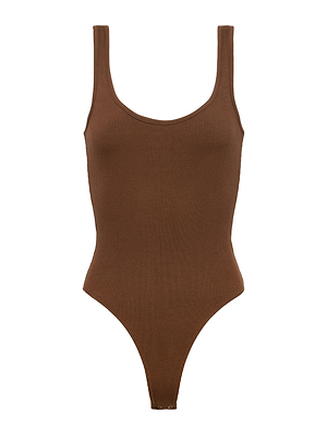 The L’AGENCE Nica Scoopneck Bodysuit in deep brown features stretch rib fabric, a sleeveless design, scoop neckline, and high-cut legs, shown on a white background.