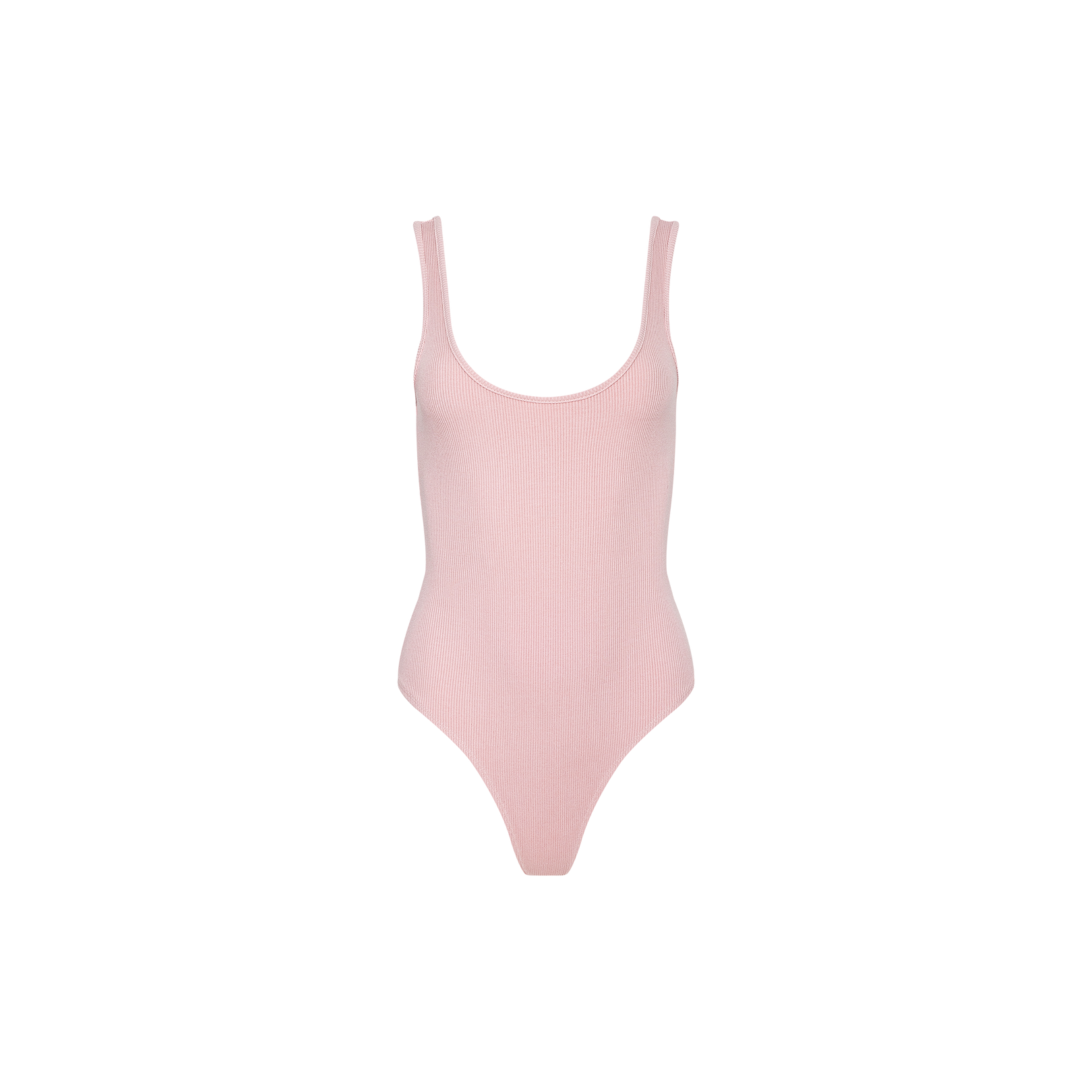 Light pink Nica Scoopneck Bodysuit featuring a sculpted fit, sleeveless silhouette, scoop neckline, and high-cut legs crafted from stretch rib fabric, shown against a plain white background.