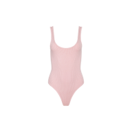The Nica Scoopneck Bodysuit is a light pink, sleeveless bodysuit crafted from high-stretch rib knit. It features a scoop neckline and high-cut leg openings, and is shown on a plain white background. Perfect as a comfortable and stylish base layer.