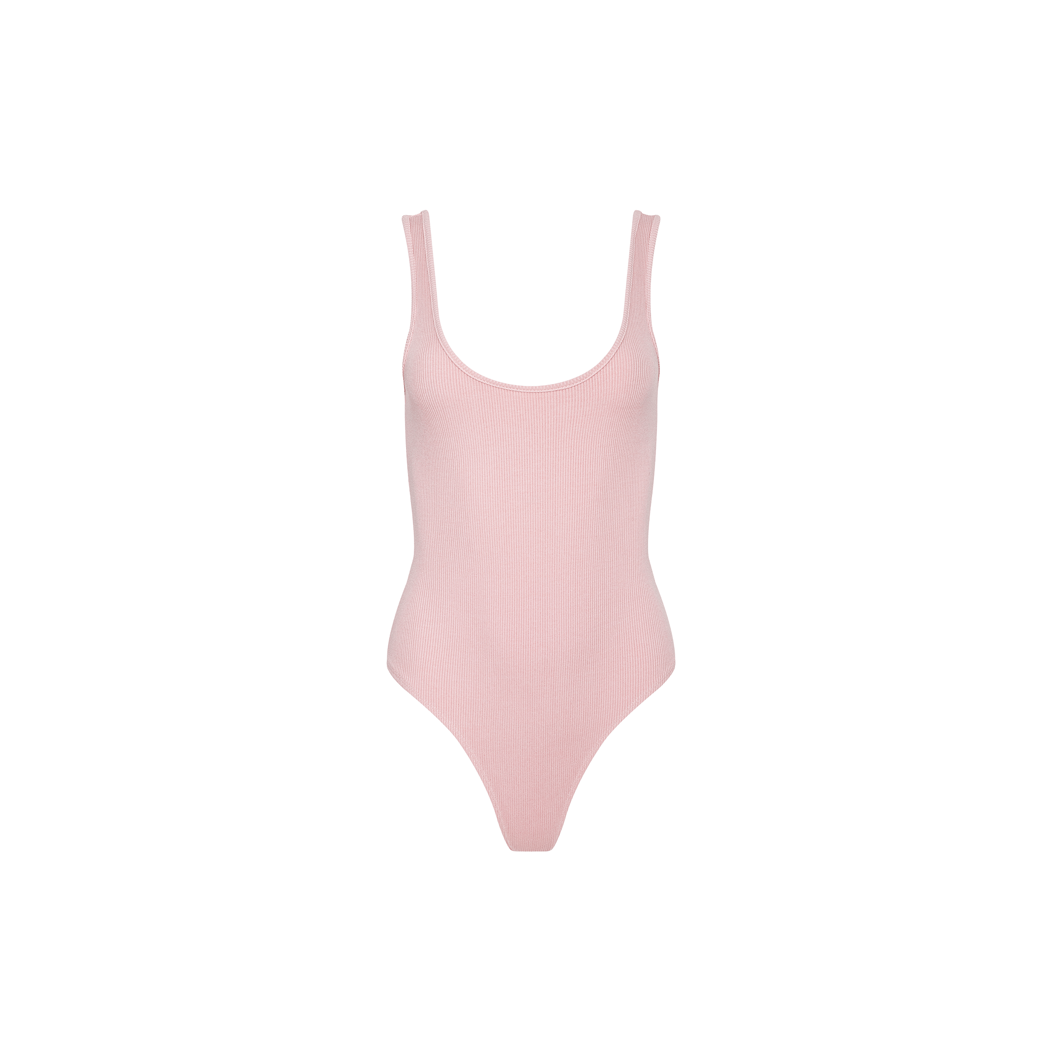 The Nica Scoopneck Bodysuit is a light pink, sleeveless bodysuit crafted from high-stretch rib knit. It features a scoop neckline and high-cut leg openings, and is shown on a plain white background. Perfect as a comfortable and stylish base layer.