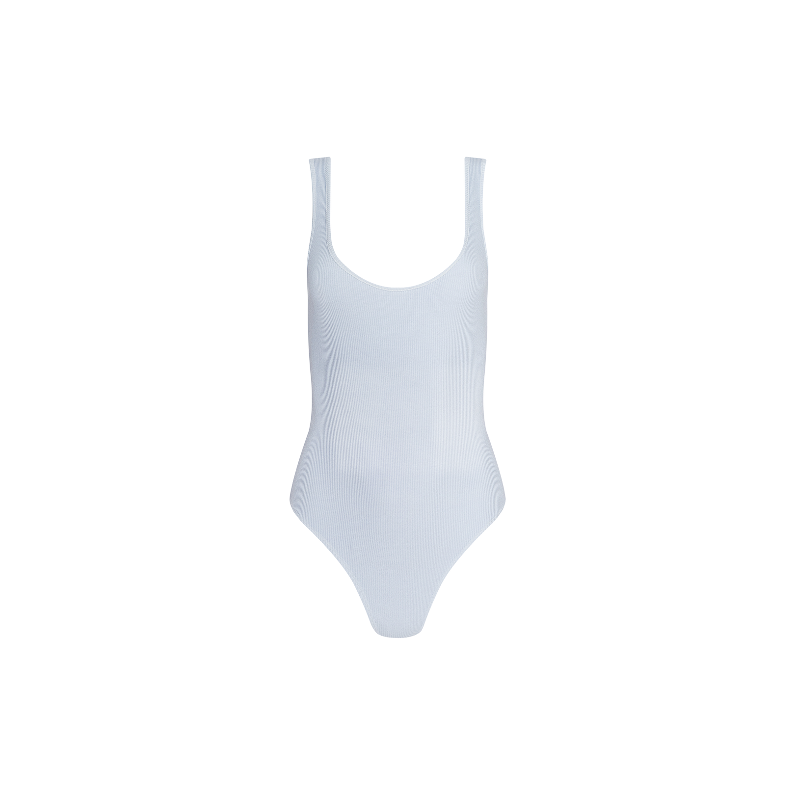 The Nica Scoopneck Bodysuit by L’AGENCE is a plain white, sleeveless bodysuit with a sculpted fit and high-cut legs, shown against a white background.