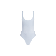 The Nica Scoopneck Bodysuit by L’AGENCE is a plain white, sleeveless bodysuit with a sculpted fit and high-cut legs, shown against a white background.