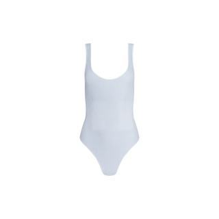 The Nica Scoopneck Bodysuit by L’AGENCE is a plain white, sleeveless bodysuit with a sculpted fit and high-cut legs, shown against a white background.