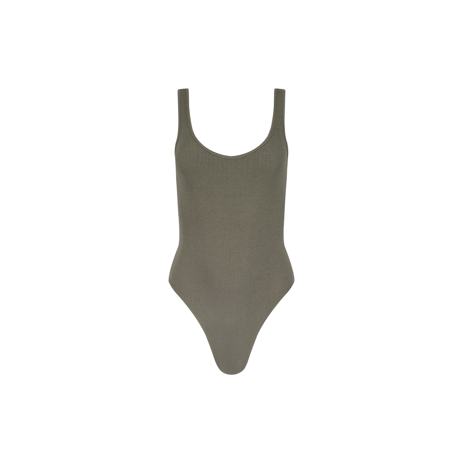 The Nica Scoopneck Bodysuit in smoky olive green features a ribbed, sleeveless design with a sculpted fit, scoop neckline, and high-cut leg openings, shown against a plain white background.