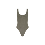 The Nica Scoopneck Bodysuit in smoky olive green features ribbed fabric, a sculpted fit, high-cut legs, and a scoop neckline, shown against a plain white background.