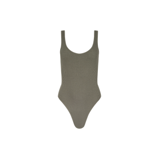 The Nica Scoopneck Bodysuit in smoky olive green features a ribbed, sleeveless design with a sculpted fit, scoop neckline, and high-cut leg openings, shown against a plain white background.