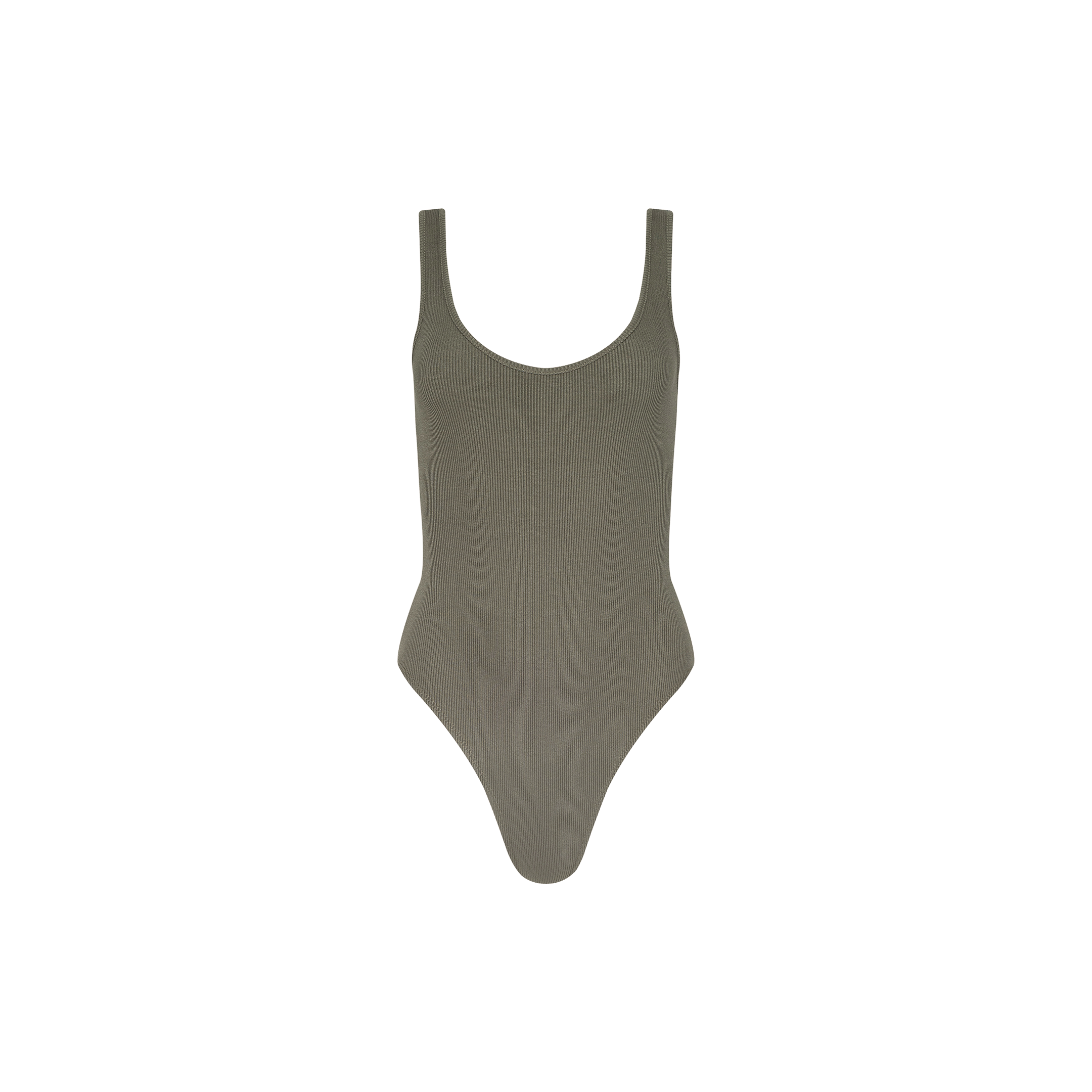 The Nica Scoopneck Bodysuit in smoky olive green features ribbed fabric, a sculpted fit, high-cut legs, and a scoop neckline, shown against a plain white background.