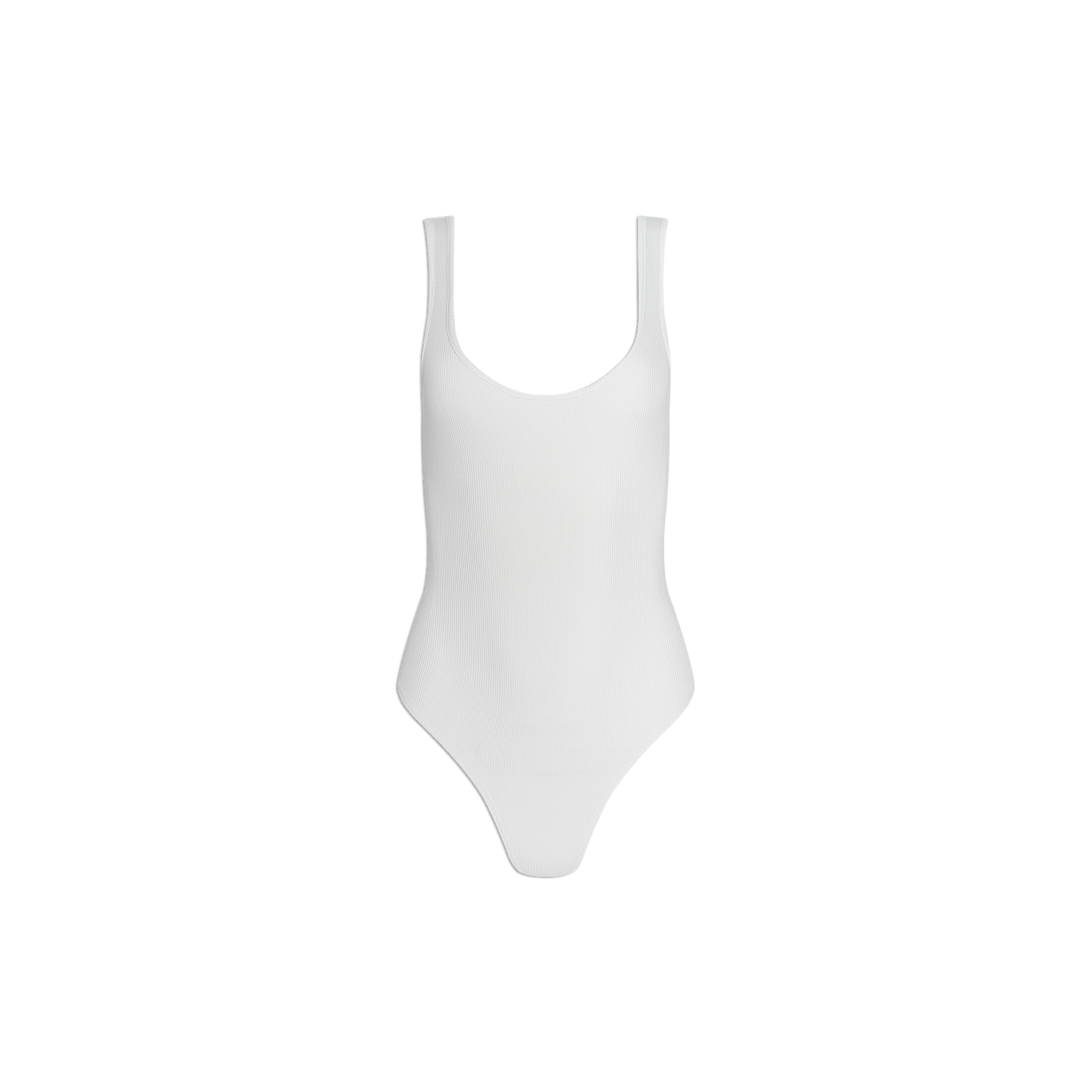 The Nica Scoopneck Bodysuit is a white, sleeveless piece featuring a flattering high-cut leg and crafted from high-stretch rib fabric, shown against a plain white background.