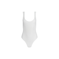 The Nica Scoopneck Bodysuit is a plain white sleeveless piece with a sculpted fit and scoop neckline, shown against a white background—ideal as a versatile base layer.