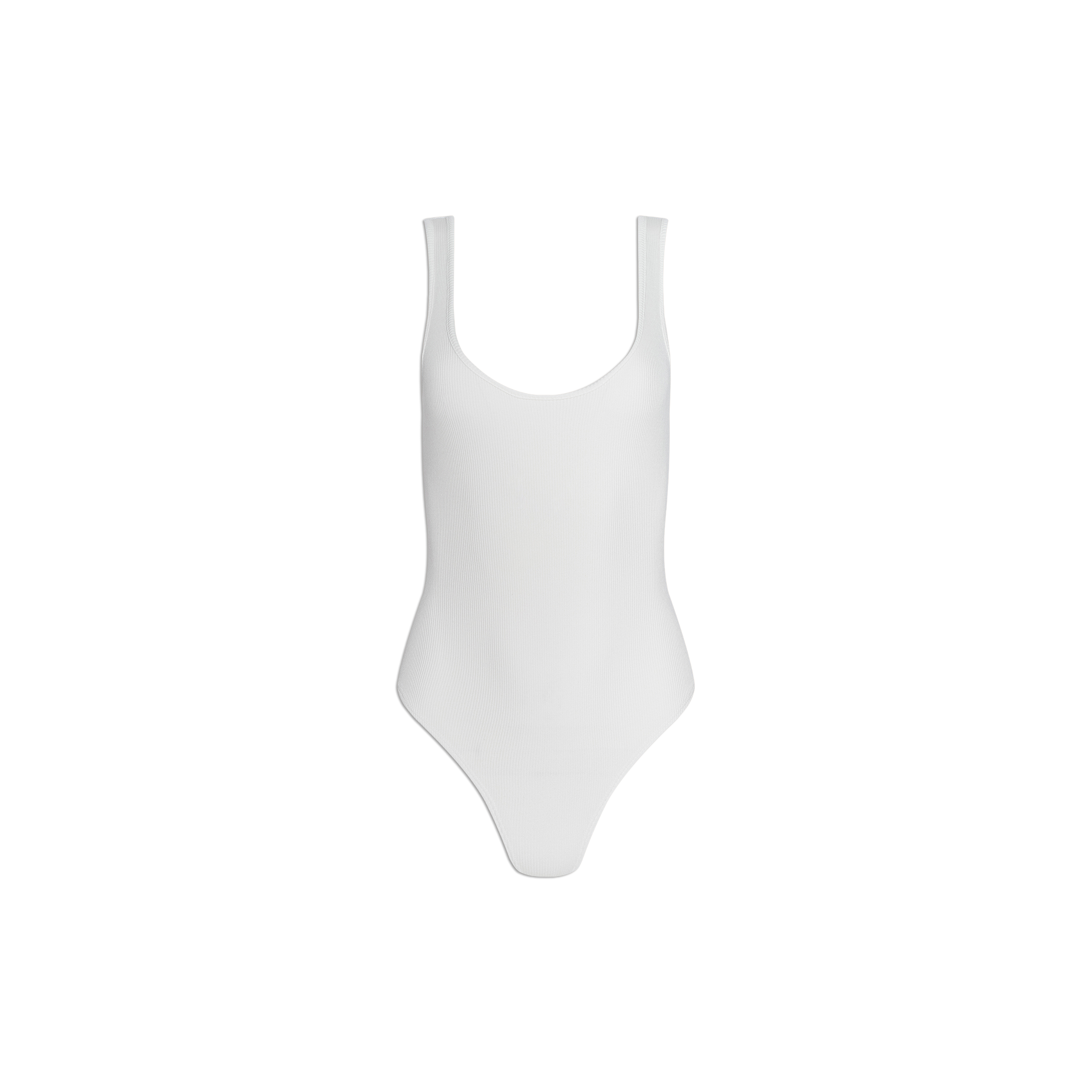 The Nica Scoopneck Bodysuit is a plain white sleeveless piece with a sculpted fit and scoop neckline, shown against a white background—ideal as a versatile base layer.