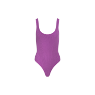 Introducing the Nica Scoopneck Bodysuit—a sleeveless, sculpted-fit bodysuit in purple, featuring a scoop neckline and high-cut leg. Made from high-recovery stretch rib fabric, it’s shown against a plain white background.