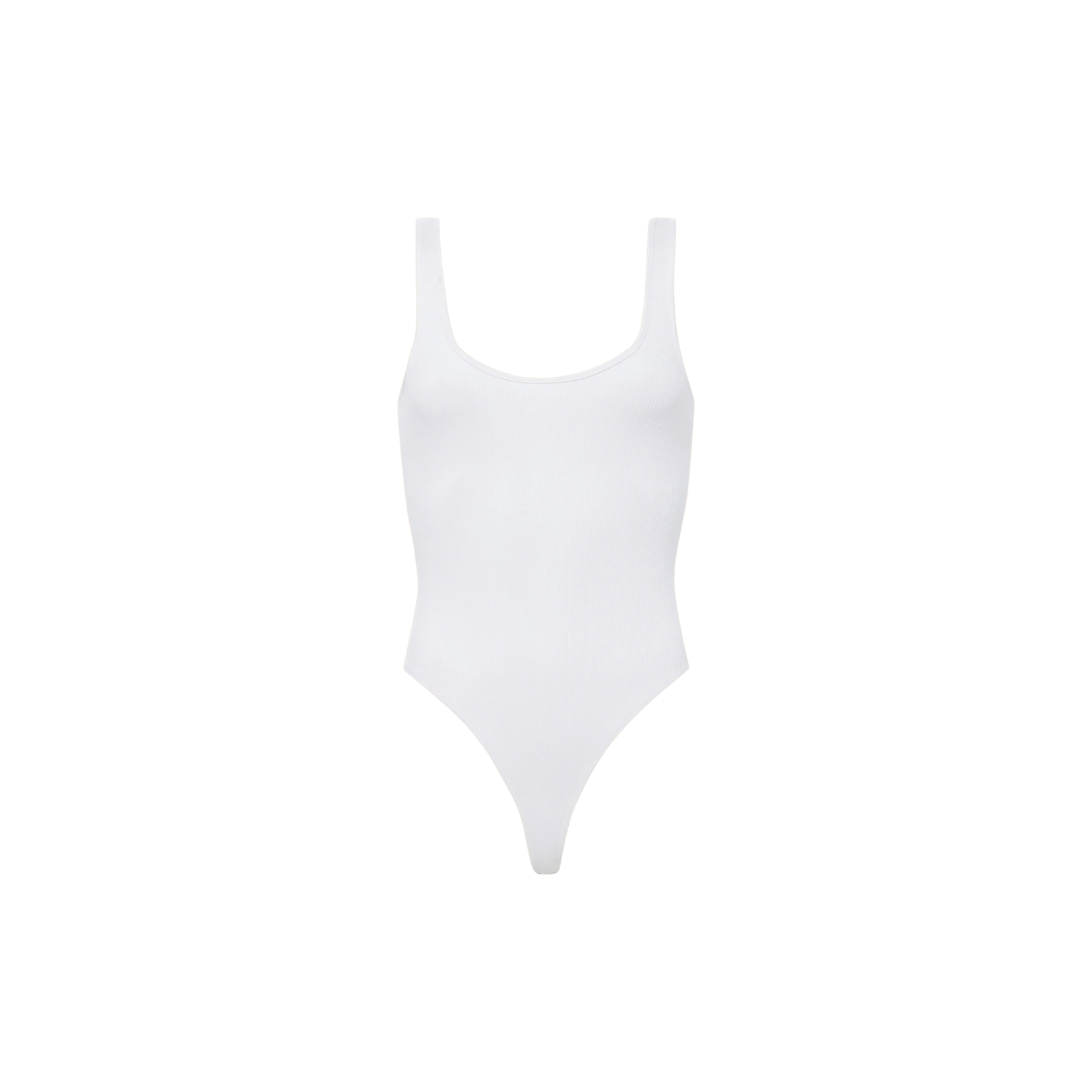 The Nica Scoopneck Bodysuit is a white, ribbed knit sleeveless style featuring a scoop neckline and high-cut leg openings, shown against a plain white background.