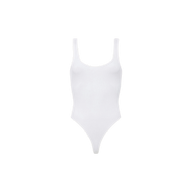 The Nica Scoopneck Bodysuit features a white, seamless design with a scoop neckline, high-cut leg openings, and a cheeky silhouette, displayed against a plain white background.
