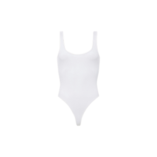 The Nica Scoopneck Bodysuit is a white, ribbed knit sleeveless style featuring a scoop neckline and high-cut leg openings, shown against a plain white background.